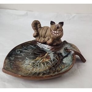 Vintage Pottery Craft USA Chester Cat On Leaf trinket Soap‎ candy Dish Brown